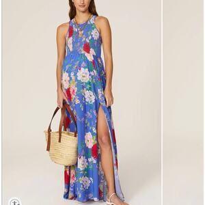 Yumi Kim Blue Floral Maternity Nap Maxi Dress MEDIUM Cottage Smocked Cotton $258